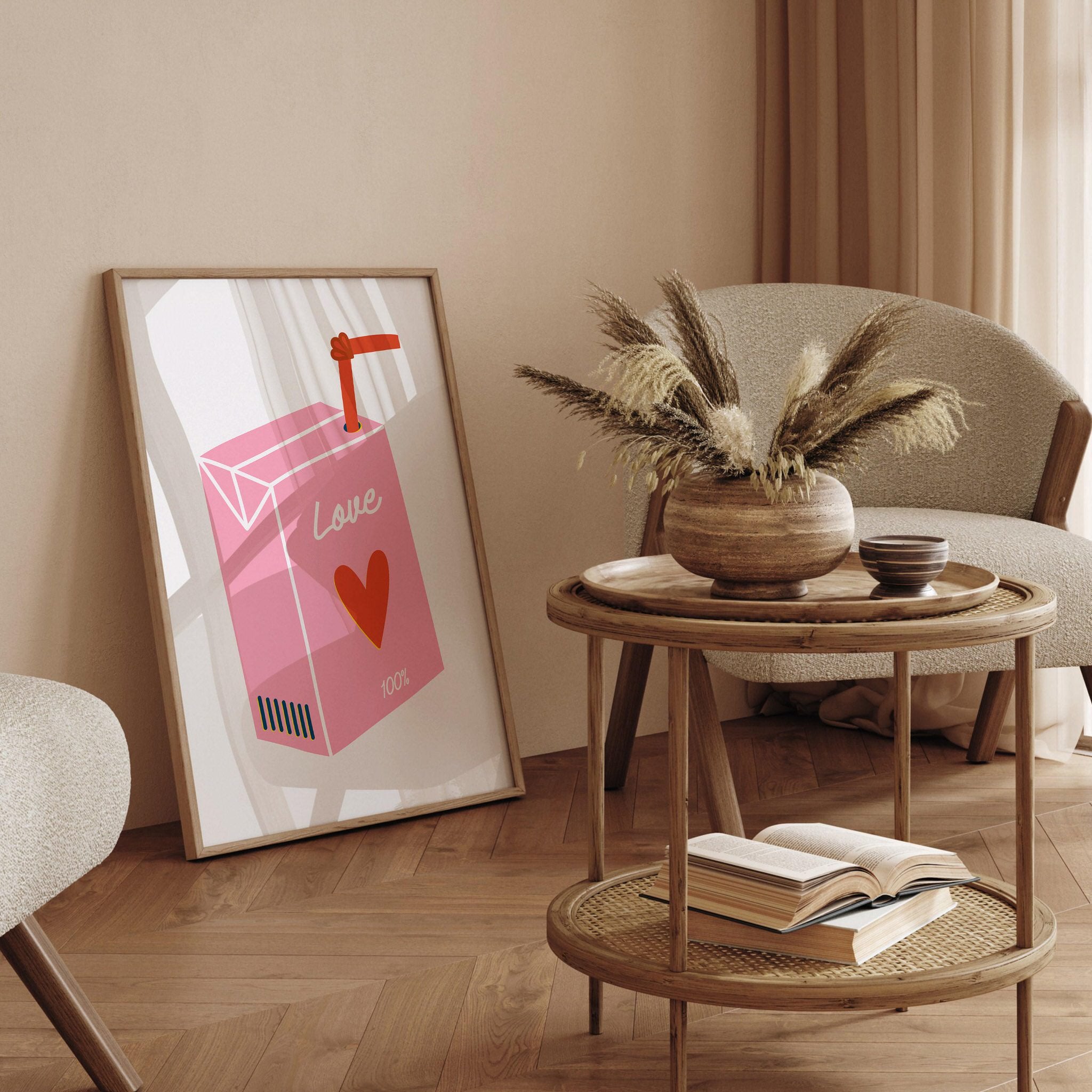 Modern love-themed wall art with a playful juice box design.