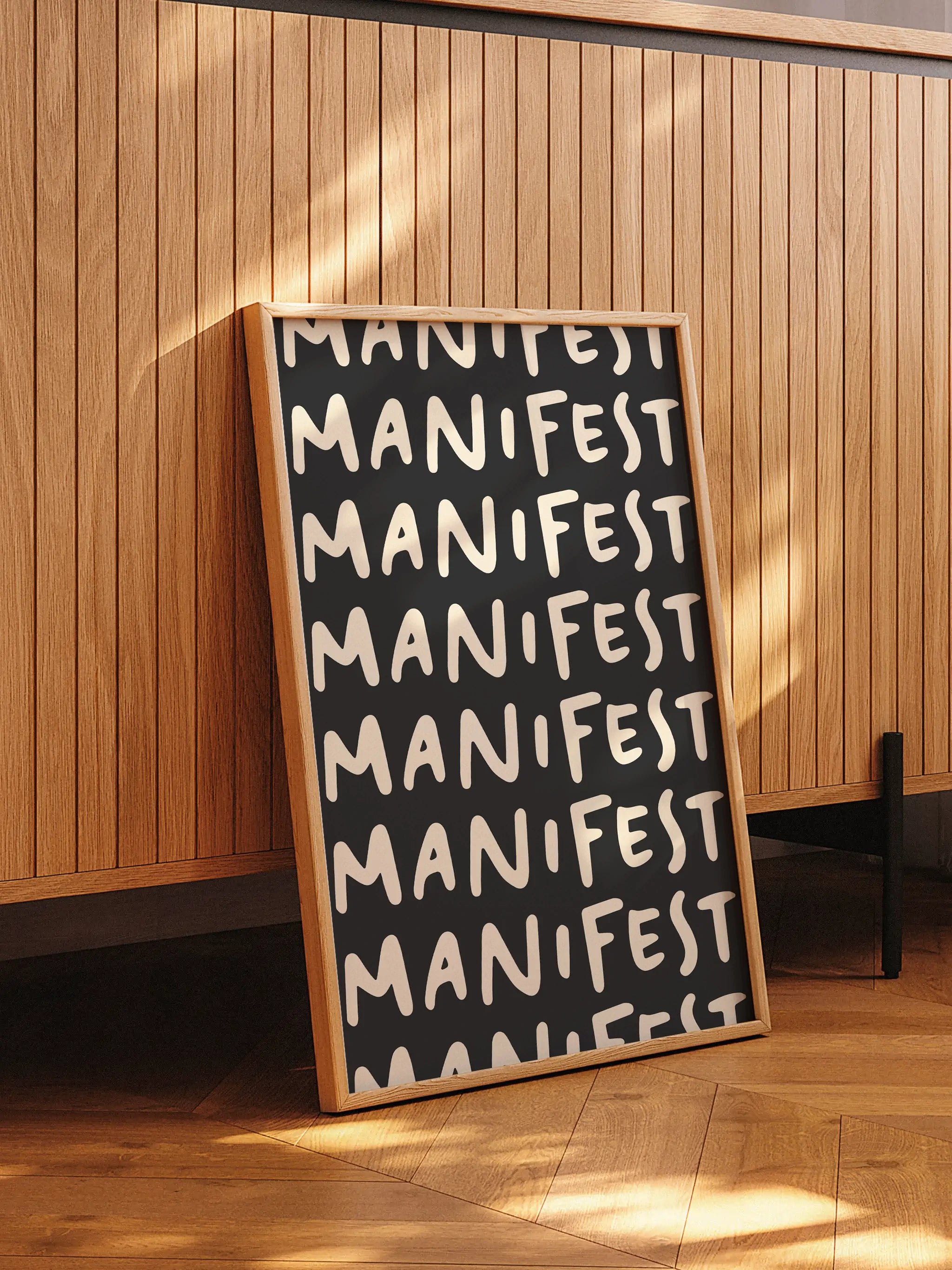 Bold and modern motivational poster with the word "Manifest" in handwritten style.