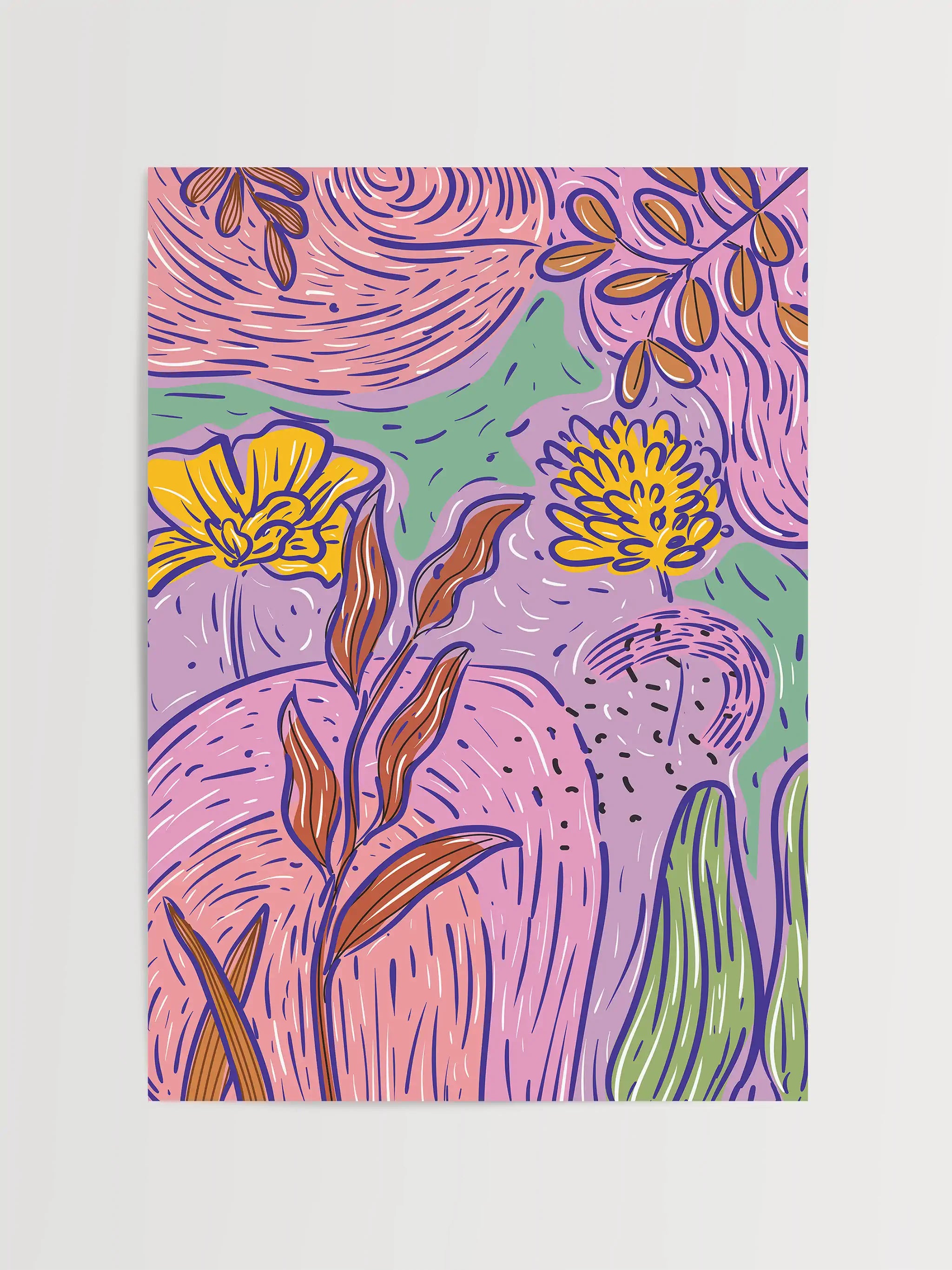 Colorful abstract floral poster with bold strokes and expressive patterns